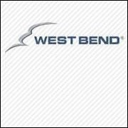West Bend logo in dark blue on a light diagonal-striped background