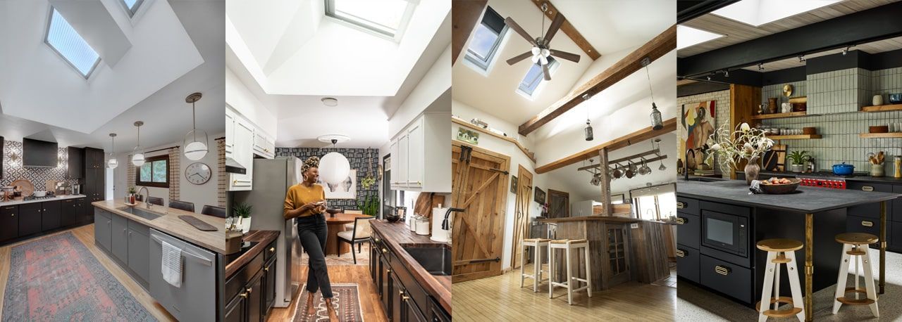 Bright modern kitchen and dining area with skylights, wooden beams, and a person working at the counter