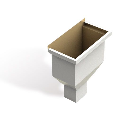 White metal funnel or hopper with an open brown top, isolated on a white background
