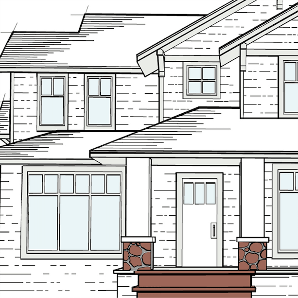 Illustration of a house exterior with gray siding, dormer windows, and a front porch