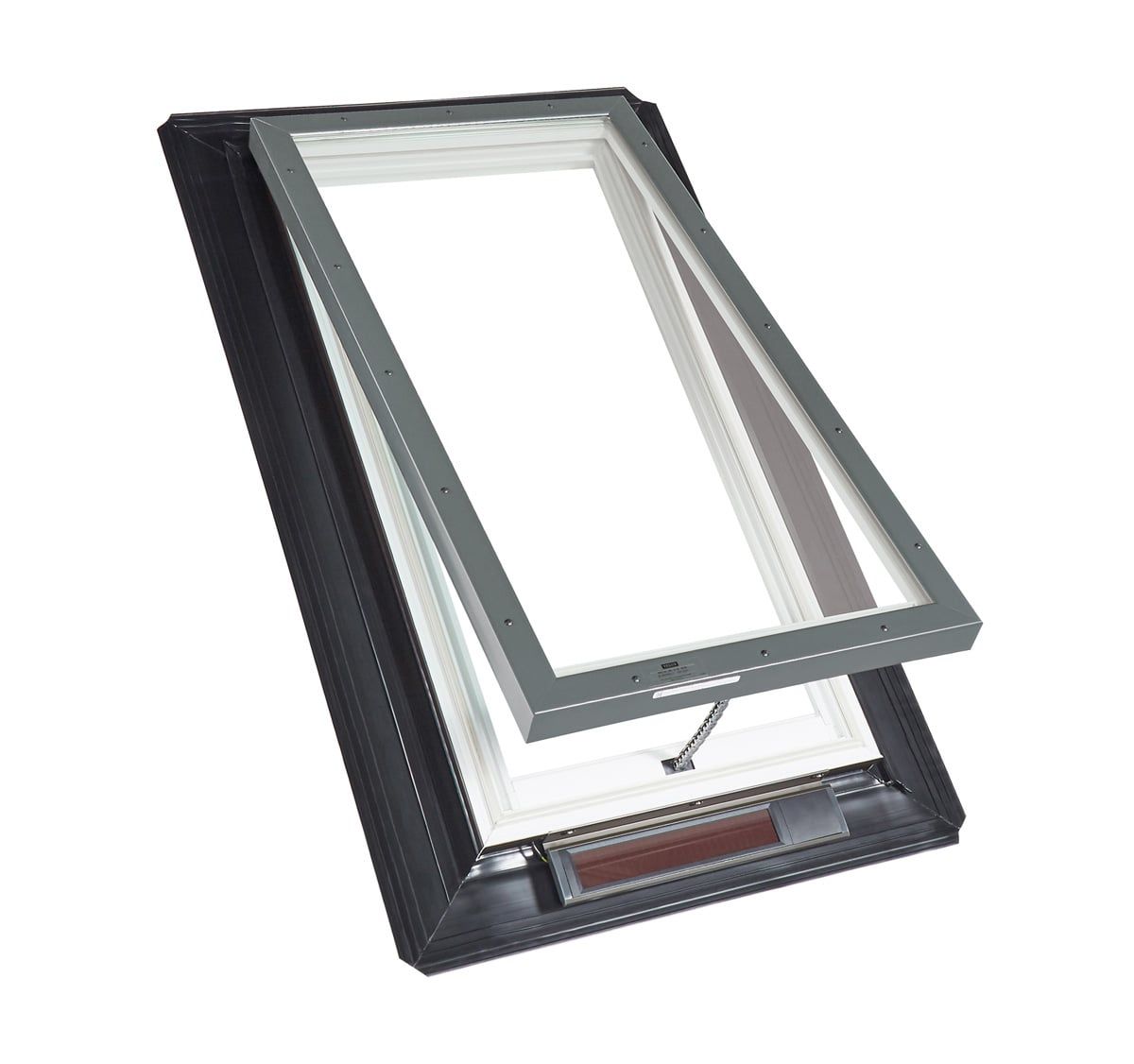 Open skylight window with gray frame on a black roof vent