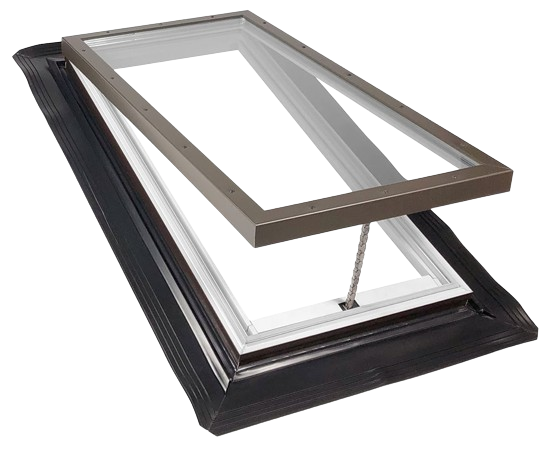 Open roof window with white frame and black exterior trim, shown partially ajar