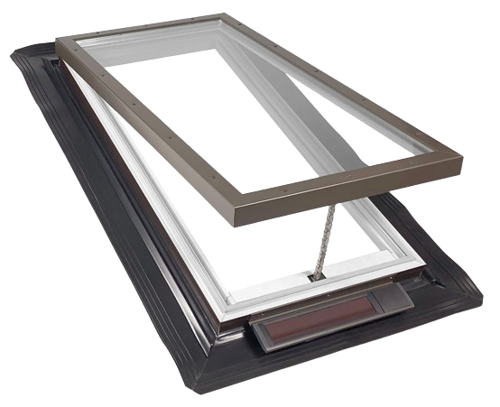 Open black window roof vent with raised gray frame and white pane underneath