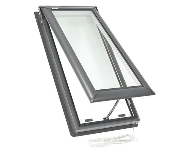 Open tilt window with dark gray frame and handle, shown slightly ajar on a white background