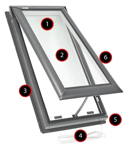 Diagram of a roof window with numbered parts, shown open on a white background.