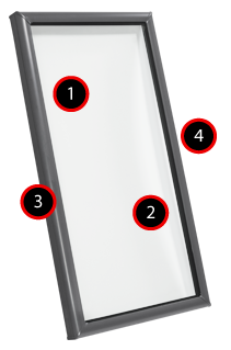 Tilted gray-framed mirror with four numbered markers on a white background
