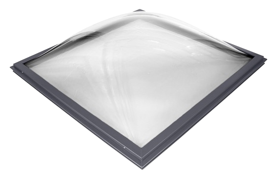 Square convex skylight with a dark gray frame and clear curved glass panel