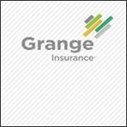 Grange Insurance logo with gray text and green-yellow diagonal bars on a light striped background