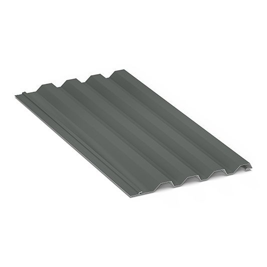 Gray corrugated metal roofing sheet on a white background