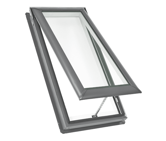 Open gray casement window with a hinged pane on a white background