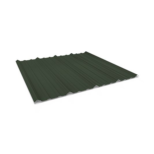 Dark green corrugated metal roofing sheet on a white background
