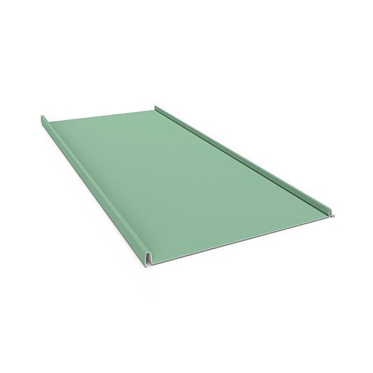 Green metal awning panel with raised edges on a white background