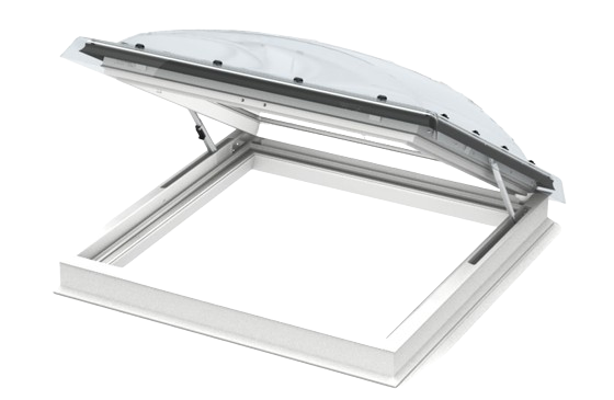 Open skylight window with white frame and silver hinges