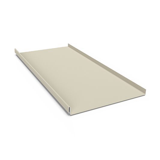 Beige metal sheet tray with raised sides on a white background