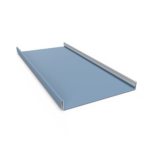 Blue metal roof panel with raised side edges, shown on a white background
