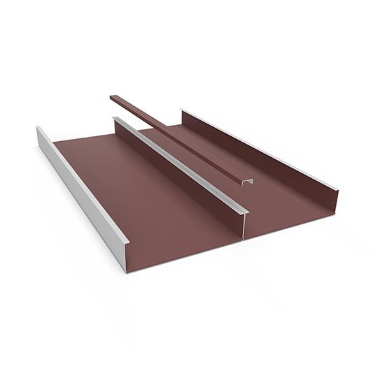 Brown metal roof trim pieces with silver edges on a white background