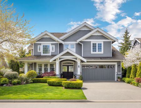 Modern gray two-story suburban house with a front porch, double garage, and manicured lawn