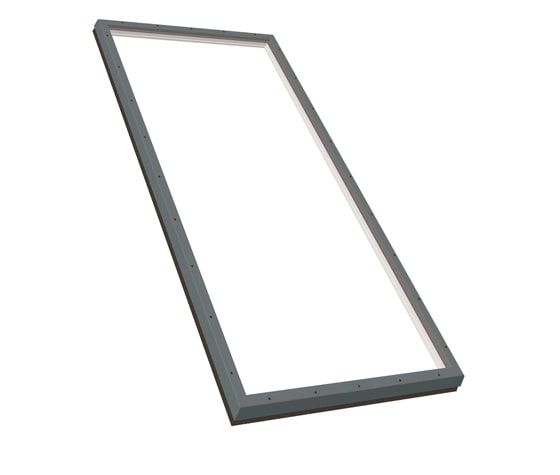 Rectangular gray-framed mirror leaning at an angle on a white background