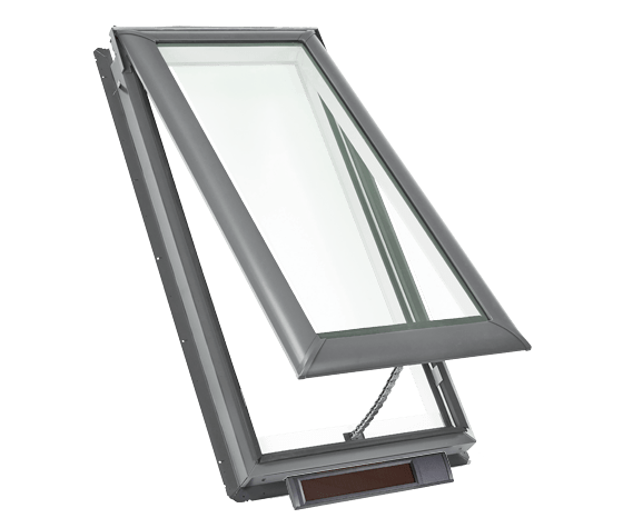 Open tilt-out window with gray frame and clear glass panel