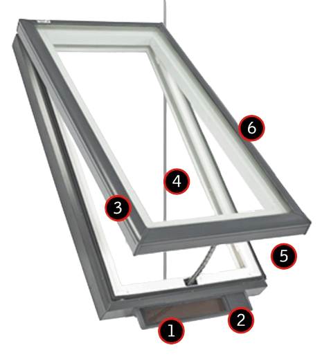 Exploded diagram of a gray skylight window with numbered parts on a white background