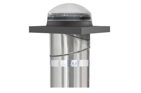 Silver rooftop vent with a dark cap and transparent dome top