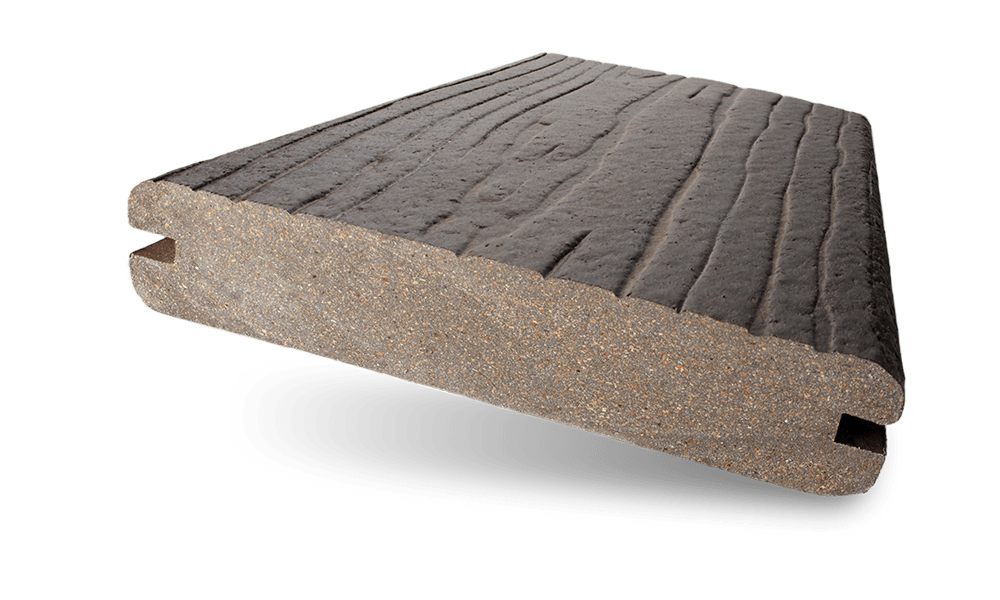 Woven gray-brown composite decking board with grooved edges on white background