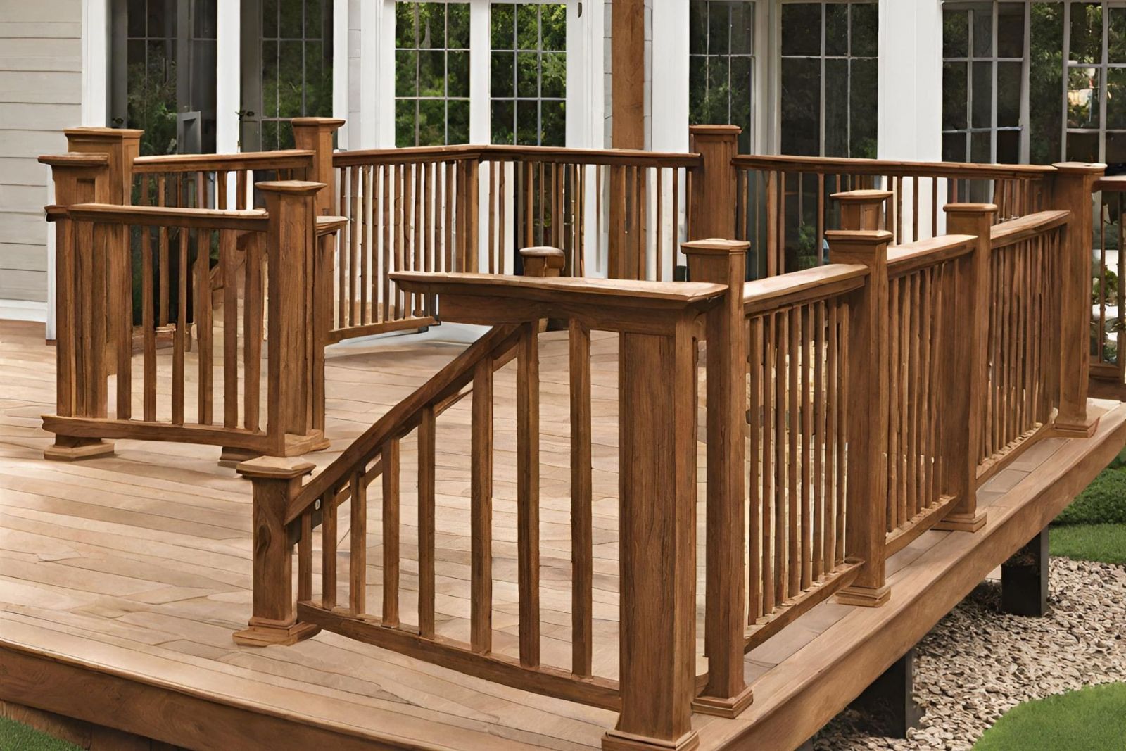 Wooden deck with railings and steps beside a house, overlooking a gravel yard.