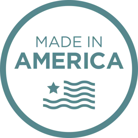 Made in America badge with teal border, text, star, and wavy flag lines