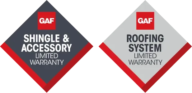 GAF warranty logos for shingle & accessory and roofing system, red and gray diamonds