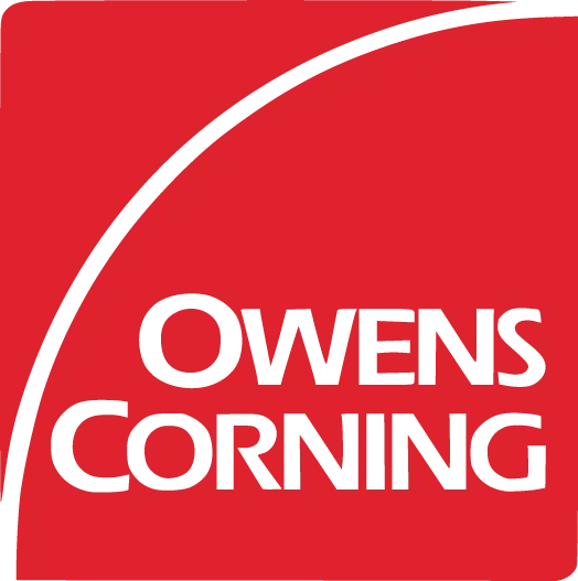 Owens Corning logo on a red background with white curved lines
