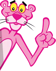 Pink cartoon panther pointing upward with a raised finger and surprised expression