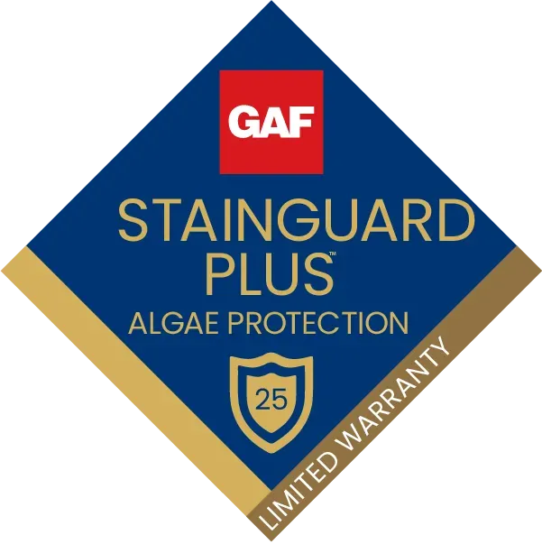GAF Stainguard Plus algae protection shield logo with 25-year limited warranty on blue and gold diamond background