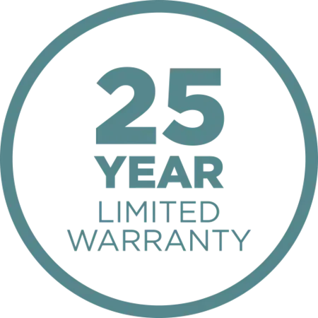 Teal 25-year limited warranty badge in a circle, with bold “25 YEAR” text.