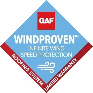 GAF WindProven roofing system badge in blue and red with “Infinite Wind Speed Protection” and limited warranty text