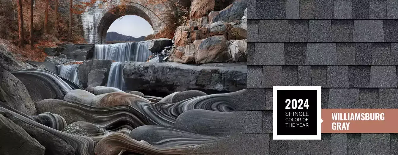Stone bridge over rocky creek with a waterfall and 2024 Williamsburg Creek sign