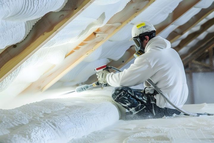 Tech applying insulation in attic