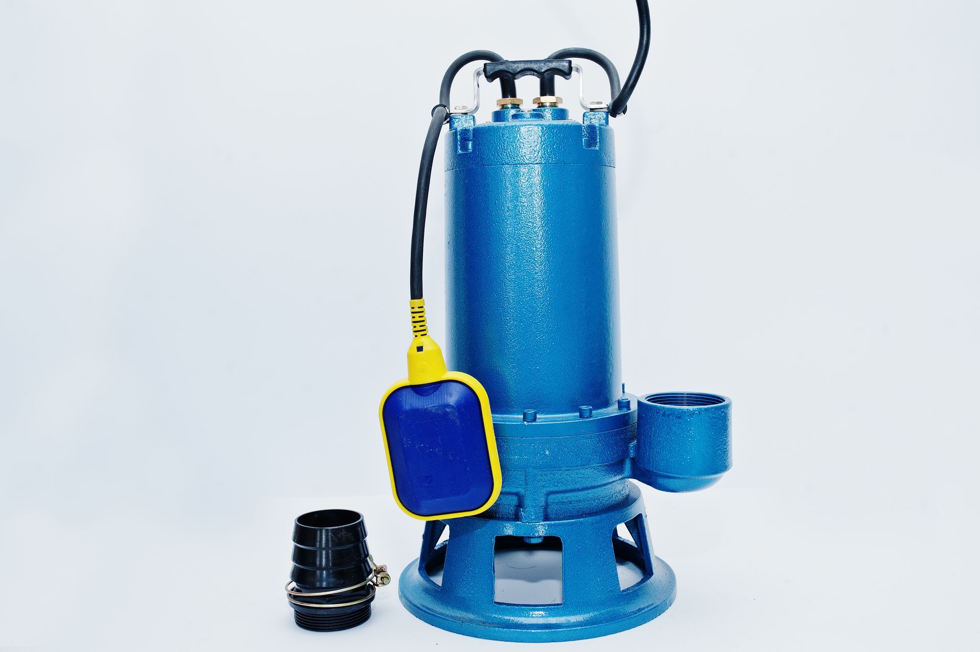 Blue submersible pump with float switch and black hose connector.