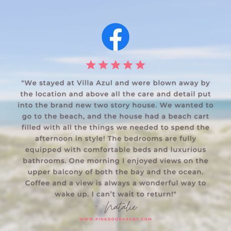 Facebook review for Villa Azul with a 5-star rating; mentions the beach, house, and comfortable rooms.