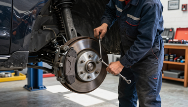 Mechanic inspecting a car’s exposed brake rotor and suspension in a garage