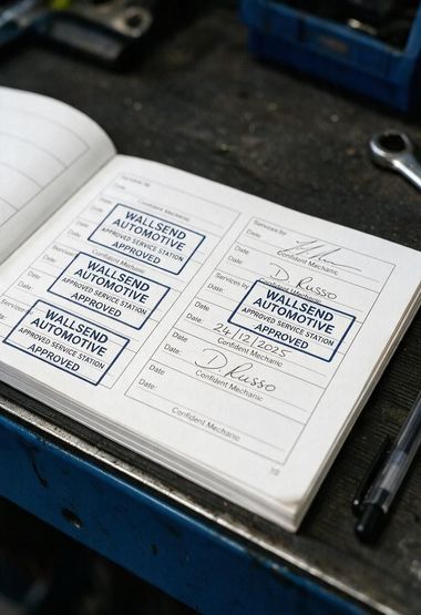 Open logbook on a workbench with stamped forms and handwritten notes beside a pen.