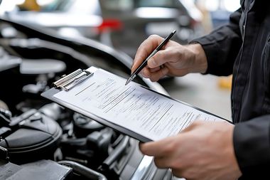 Mechanic holding clipboard and inspecting a car engine in a garage
