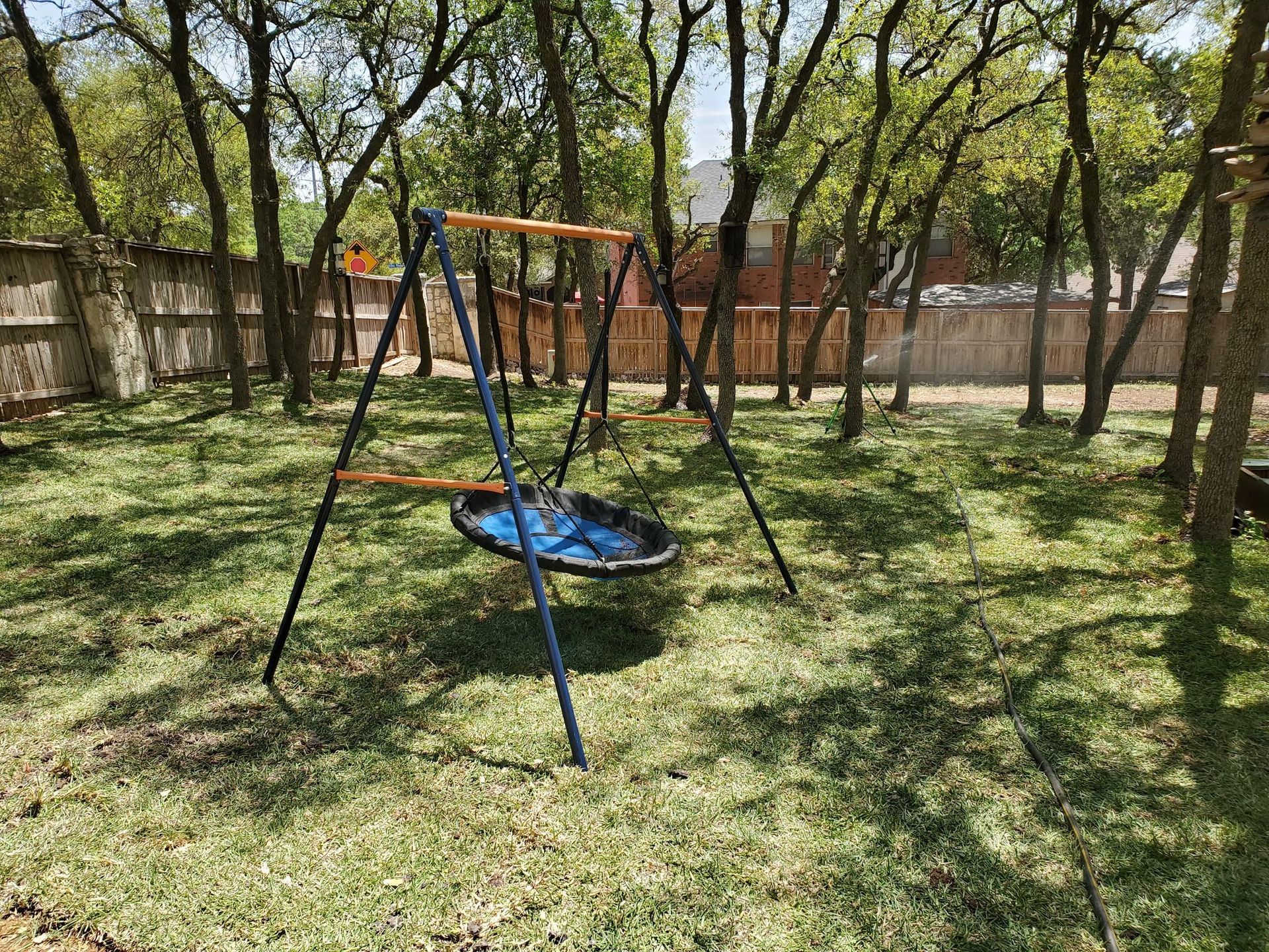 Blue saucer swing set in a grassy backyard, surrounded by trees and a wooden fence.