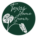Green circle logo with white text "Texas Home Grown" and illustrations of tropical leaves.
