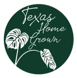 Green circle logo with white text "Texas Home Grown" and illustrations of tropical leaves.