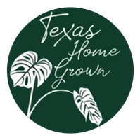 Green circle logo with white text "Texas Home Grown" and illustrations of tropical leaves.