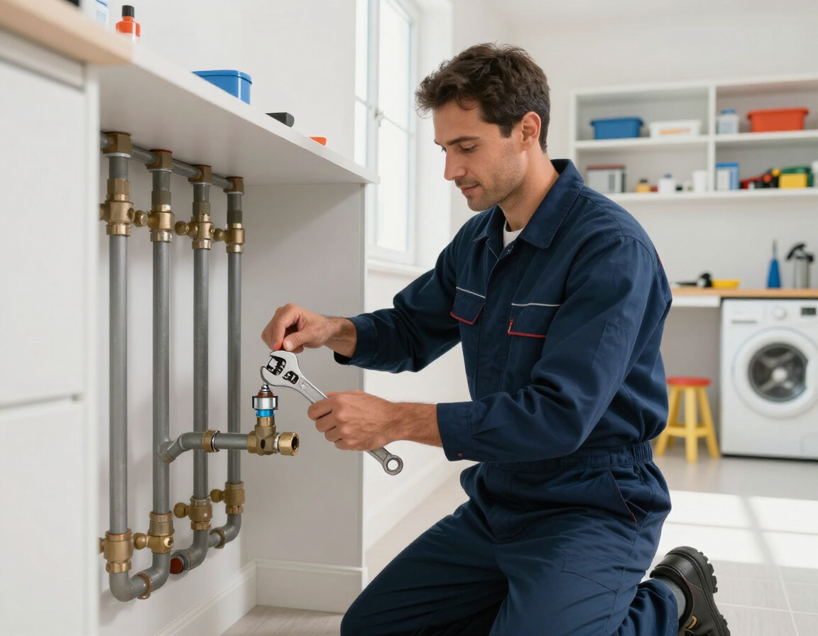 Plumber in blue coveralls adjusting pipes under a sink in a bright utility room Plumber in blue coveralls adjusting pipes under a sink in a bright utility room