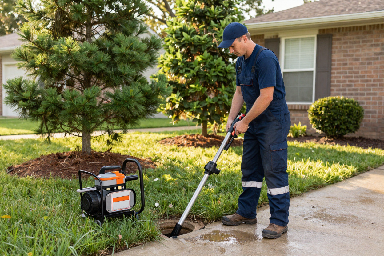 Licensed plumber operating jetting equipment near a residential cleanout in Johnston County