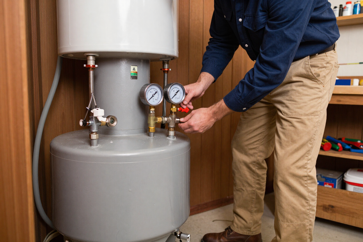 Licensed plumber checking pressure gauge on a residential water heater in Clayton NC