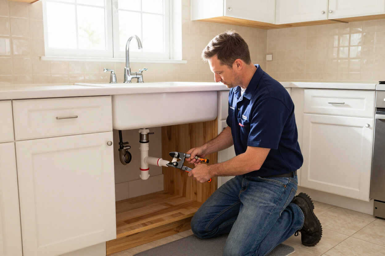 Licensed plumber fitting PEX pipe beneath a kitchen sink in Clayton NC