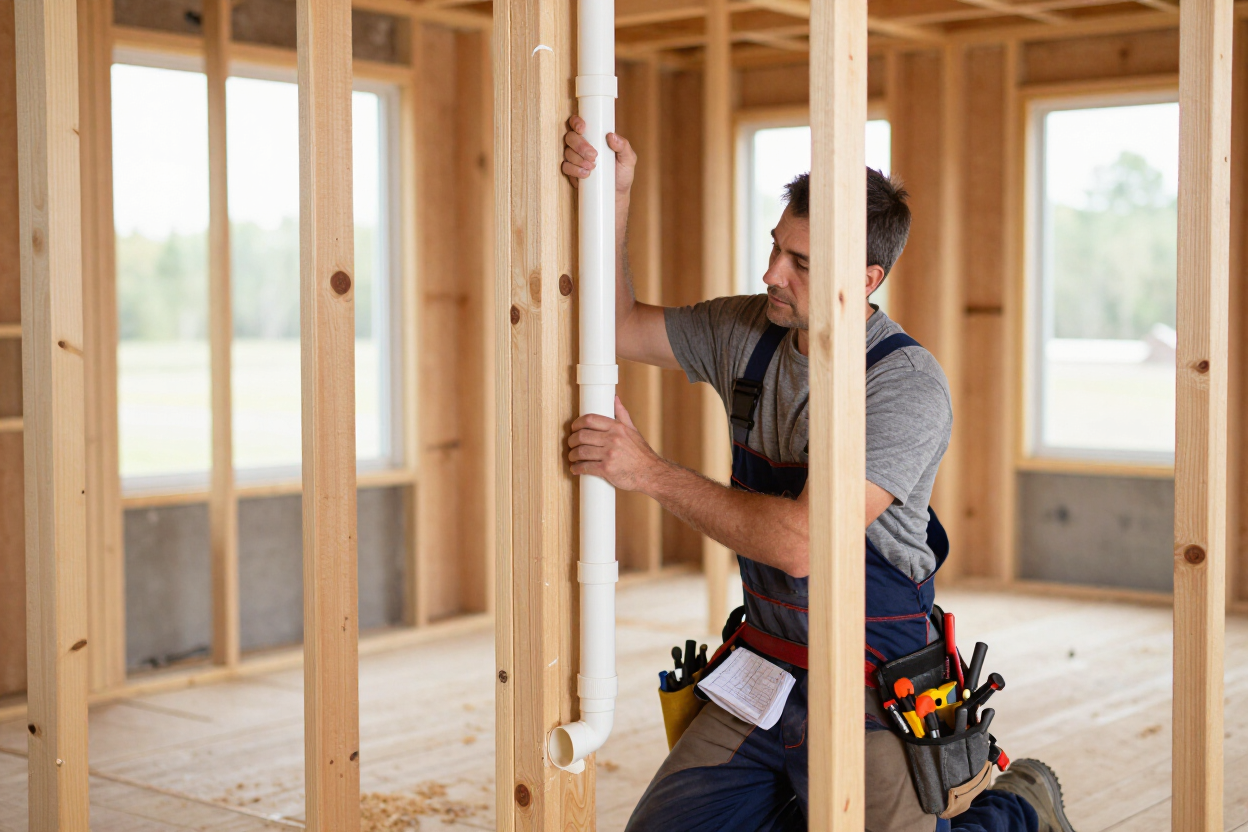 Plumber running PVC rough-in pipe inside a new home under construction